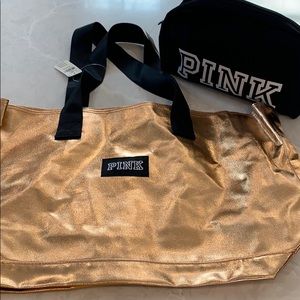 Pink cosmetic bag and shoulder tote
